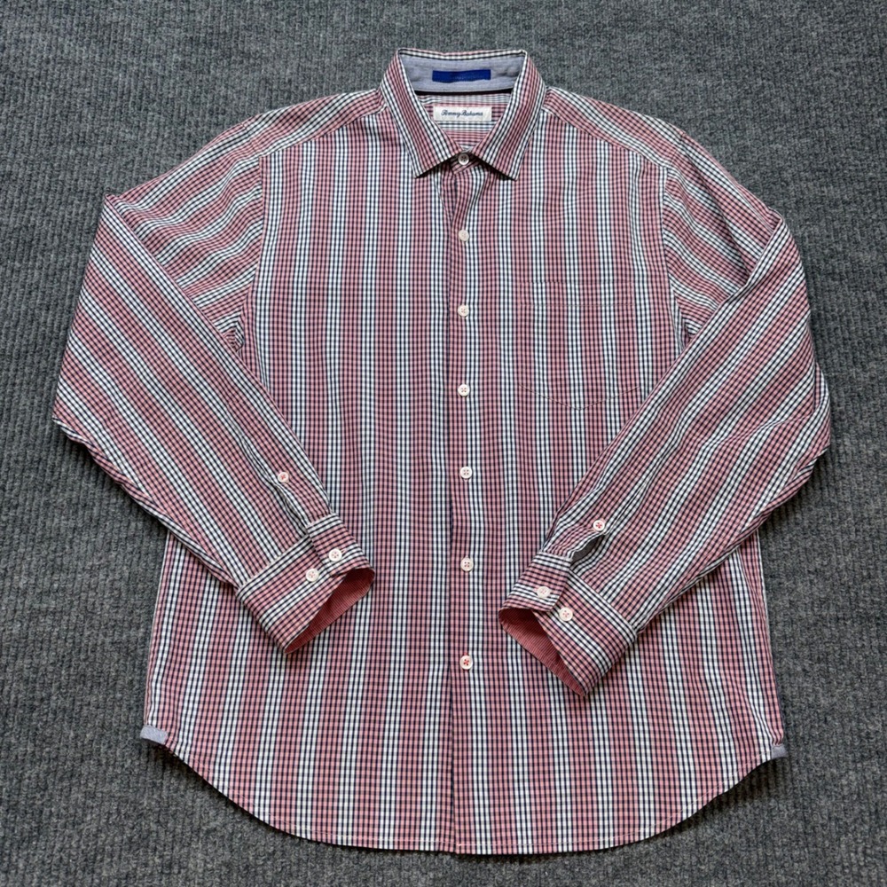 Tommy‎ Bahama M Red White Navy Plaid Button Down Shirt Long Sleeve Casual